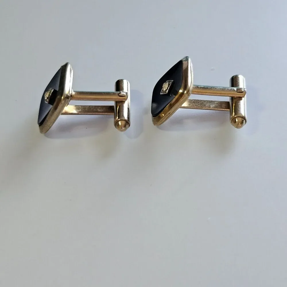 Gold Tone With Black Cufflinks Clear Rhinestone Vintage